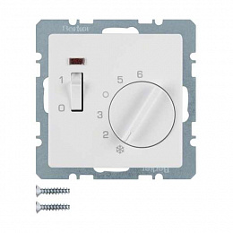 Регулятор температуры помещения 24В, с НО контактом, накладкой, 1-клавишным выключателем и светодиодом (полярная белизна, бархат) Q.1/Q.3. Вид 1