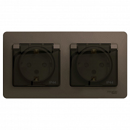 Розетка двойная с заземлением, со шторками, в сборе, IP44 (шоколад) Glossa Systeme Electric. Вид 1