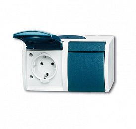 20/2 EBW-53 Розетка SCHUKO 16А 250В IP44, двойная, для открытого монтажа, с защитными шторками, серия ocean, цвет серый/сине-зелёный ABB. Вид 1