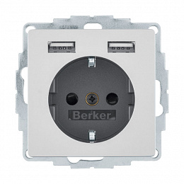 Розетка и 2 USB-розетки (алюминиевый) Berker. Вид 1