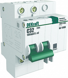 ДИФ-101 Дифф. автомат 2-полюсный, 32А, 300mA, тип AC, 4,5kA (хар-ка C) DEKraft. Вид 1