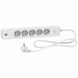Удлинитель 5 розеток 2к+з, кабель 1,5м, 2 usb Unica Extend (белый) Schneider Electric. Вид 1