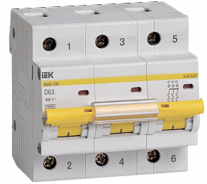 ВА47-100 Автоматический выключатель 3-полюсный, 63А, 10kA (хар-ка D) ИЭК. Вид 1