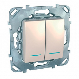 Переключатель 2-клавишный (сх.6+6) с индикацией (бежевый) Unica Schneider Electric. Вид 1