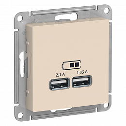 Розетка USB, 5В, 1 порт x 2,1 А, 2 порта х 1,05 А, механизм (бежевый) Atlas Design Systeme Electric. Вид 1