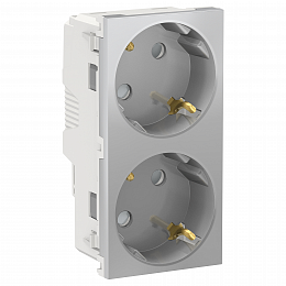 Розетка двойная, со шторками, с заземлением, винт. зажим. (алюминий) Unica New Schneider Electric. Вид 1