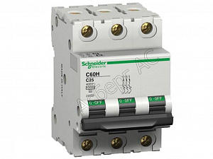 iC60H 3P 2А Автоматический выключатель 3-полюсный, 2А, 10кА (хар-ка C) Schneider Electric. Вид 1