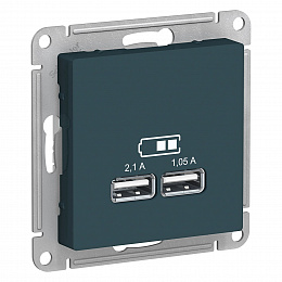 Розетка USB, 5В, 1 порт x 2,1 А, 2 порта х 1,05 А, механизм (изумруд) Atlas Design Systeme Electric. Вид 1