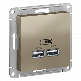 Розетка USB, 5В, 1 порт x 2,1 А, 2 порта х 1,05 А, механизм (шампань) Atlas Design Systeme Electric. Вид 1
