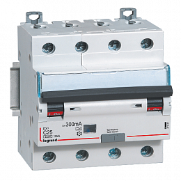 DX3 Дифф. автомат 4-полюсный, 25A, 300mA, тип А, 6kA (хар-ка C) Legrand. Вид 1