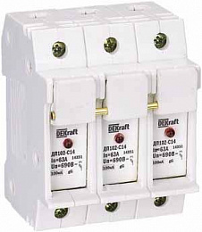 ДП102-С14-3Р Выключатель-разъединитель цилиндрических предохранителей 14х51мм 3-х полюсный до 63А 690В AC/DC с индикацией DEKraft. Вид 1