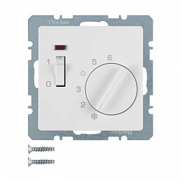 Регулятор температуры помещения с НО контактом, накладкой, 1-клавишным выключателем и светодиодом (полярная белизна, бархат) Q.1/Q.3 Berke. Вид 1