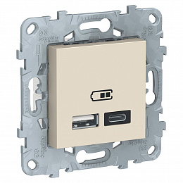Розетка USB, 2-местная, тип А+С, 5 В / 2400 мА (бежевый) Unica new Schneider Electric. Вид 1