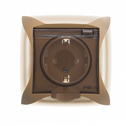 Розетка с заземлением со шторками с крышкой, 16А, IP44, в сборе (шампань) Дуэт Schneider Electric. Вид 1