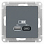 Розетка USB A+С, 5В/2,4А, 2х5В/1,2А, механизм (грифель) Atlas Design Systeme Electric. Вид 1.