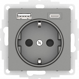 Розетка 16А c 2 USB A+C, 5В/2,4А/3,0А, 2х5В/1,5А, механизм (сталь) AtlasDesign Systeme Electric. Вид 1