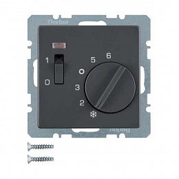 Регулятор температуры помещения 24В, с НО контактом, накладкой, 1-клавишным выключателем и светодиодом (антрацитовый, бархатный лак) Q.1/Q.. Вид 1