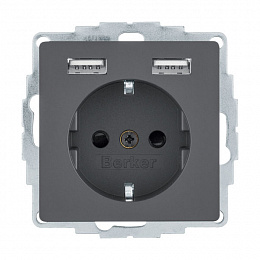 Розетка и 2 USB-розетки (антрацитовый) Berker. Вид 1