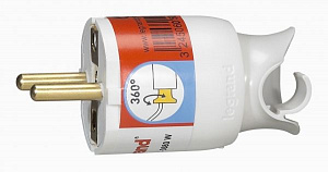Вилка белая 2К+З 16А, с поворотным механизмом Legrand. Вид 1