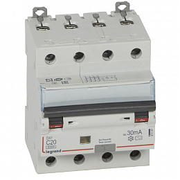 DX3 Дифф. автомат 4-полюсный, 20A, 30mA, тип АC, 6kA (хар-ка C) Legrand. Вид 1