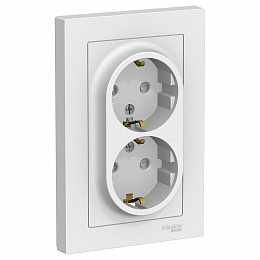 Розетка двойная с заземлением, со шторками, 16А, в сборе, (белый) Atlas Design Systeme Electric. Вид 1