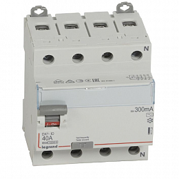DX3 Блок утечки тока (УЗО) 4-полюсный, 40A, 300mA, тип АC Legrand. Вид 1
