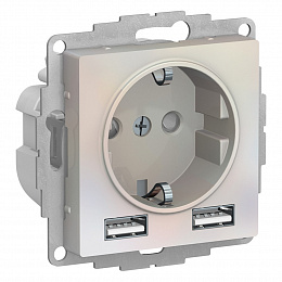Розетка 16А c 2 USB A+A, 5В/2,4А, 2х5В/1,2А, механизм (жемчуг) Atlas Design Systeme Electric. Вид 1