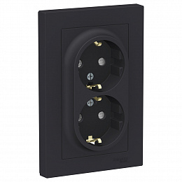 Розетка двойная с заземлением со шторками, 16А, в сборе (карбон) Atlas Design Systeme Electric. Вид 1