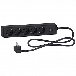 Удлинитель 5 розеток 2к+з, кабель 1,5м Unica Extend (чёрный) Schneider Electric. Вид 1