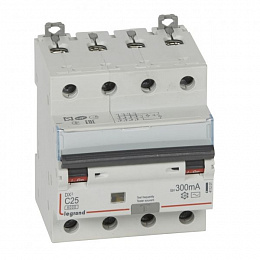 DX3 Дифф. автомат 4-полюсный, 25A, 300mA, тип АC, 6kA (хар-ка C) Legrand. Вид 1