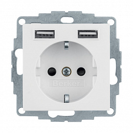Розетка и 2 USB-розетки (полярная белизна) Berker. Вид 1