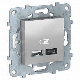 Розетка USB, 2-местная, тип А+С, 5 В / 2400 мА (алюминий) Unica new Schneider Electric. Вид 1