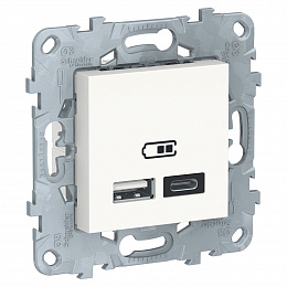Розетка USB, 2-местная тип А+С, 5 В / 2400 мА, (белый) Unica New Scheider Electric. Вид 1