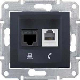 Розетка телеф.+компьют.,RJ11+RJ45,кат. 5е,неэкран. utp,с пруж. заж (графит) Sedna Schneider Electric. Вид 1