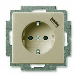 20 EUCBUSB-93-507 Розетка с заземлением с USB-зарядкой, со шторками, безвинтовой зажим, 16А/250В (шампань) Basic 55 ABB. Вид 1